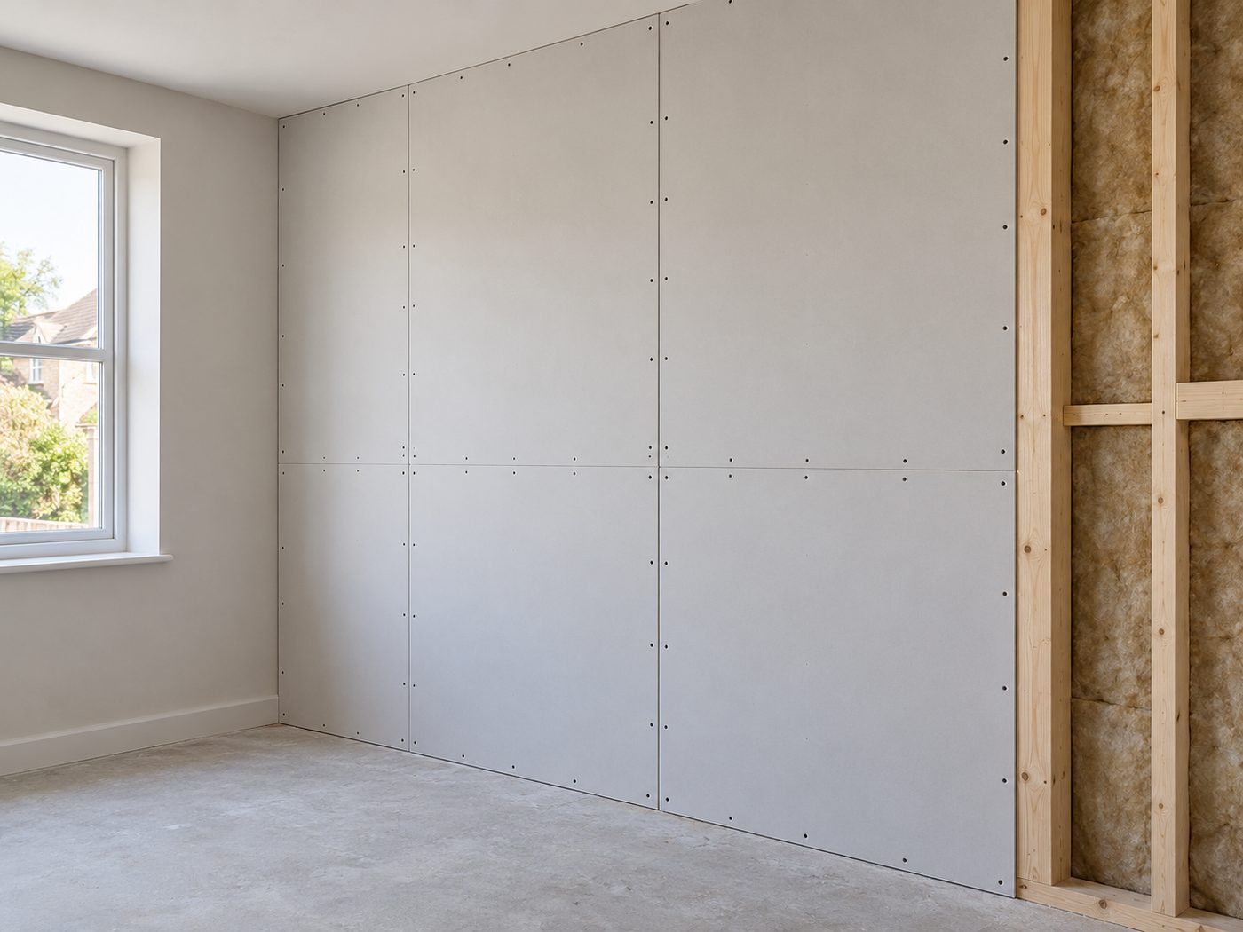Plasterboard dry lining fitted to a room