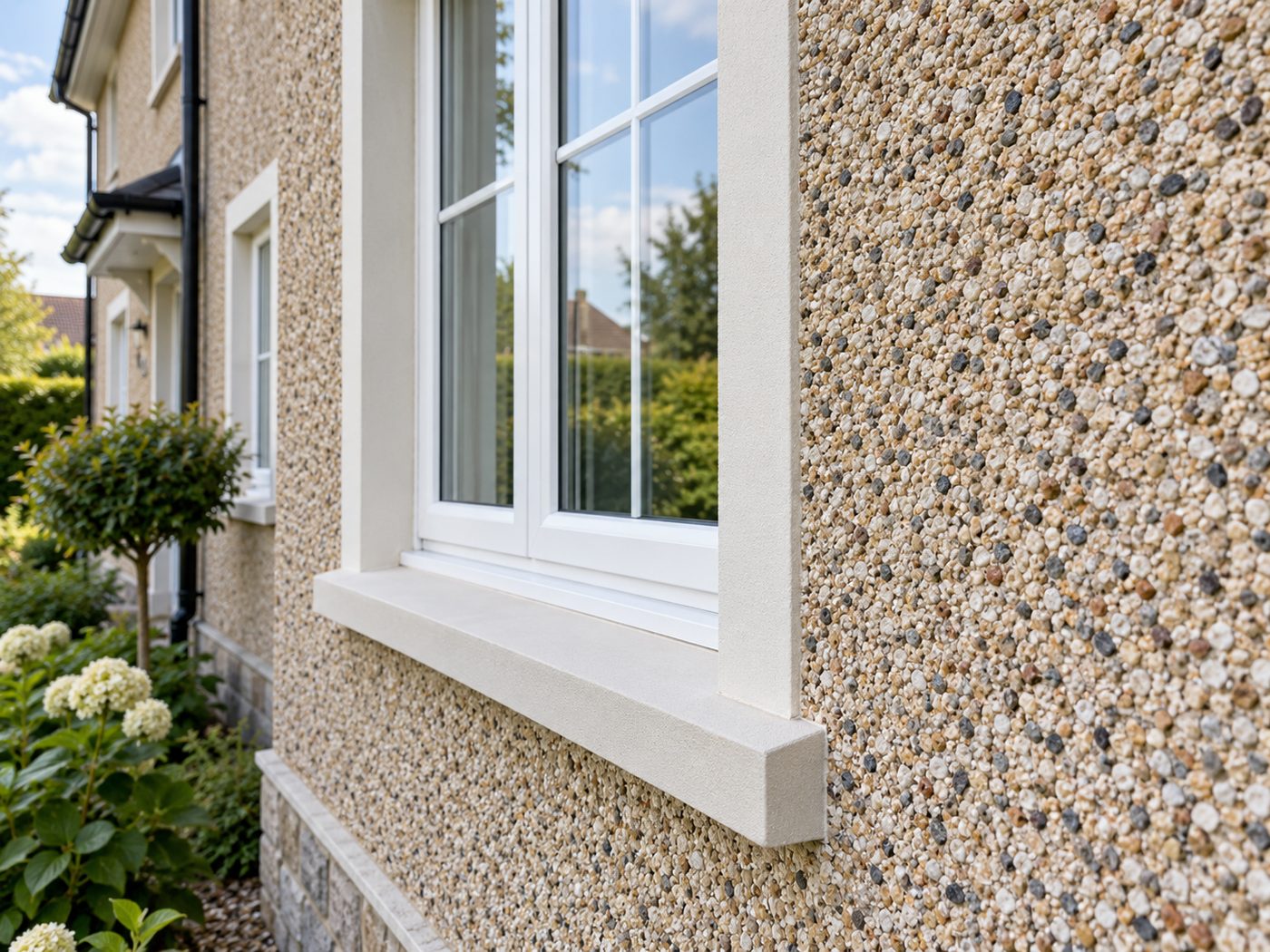 Pebble dash finish on an external wall
